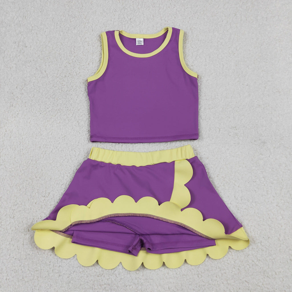 Girls Purple Shirts Scallop Yoga Active Athletic Clothes