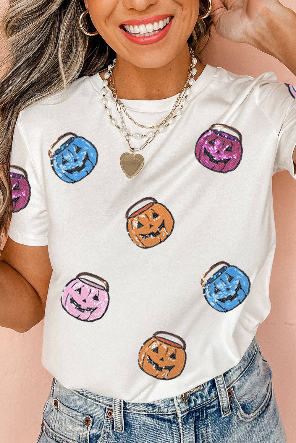 White Sequin Pumpkin Face Crew Neck Holiday T Shirt