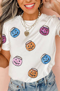 White Sequin Pumpkin Face Crew Neck Holiday T Shirt